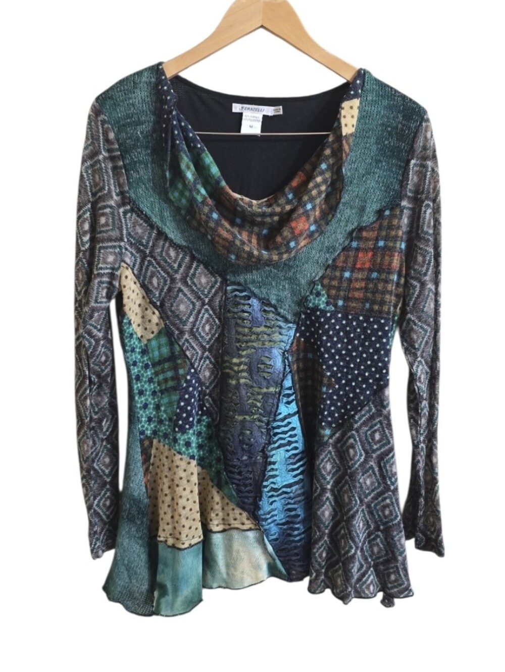 Feratelli Lagenlook Wearable Art Boho Patchwork Cowl Neck Tunic. Size Medium